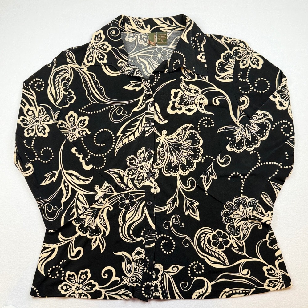 Serenade New York Petite Womens Black Cream Floral Paisley Button Down Top PL